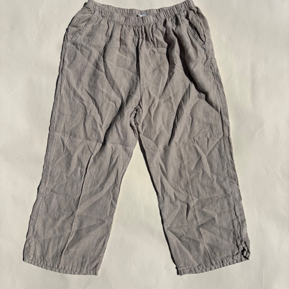 Match Point Linen Pants Large Taupe Wide Leg Cropped Elastic Waist Made in USA - Picture 1 of 7